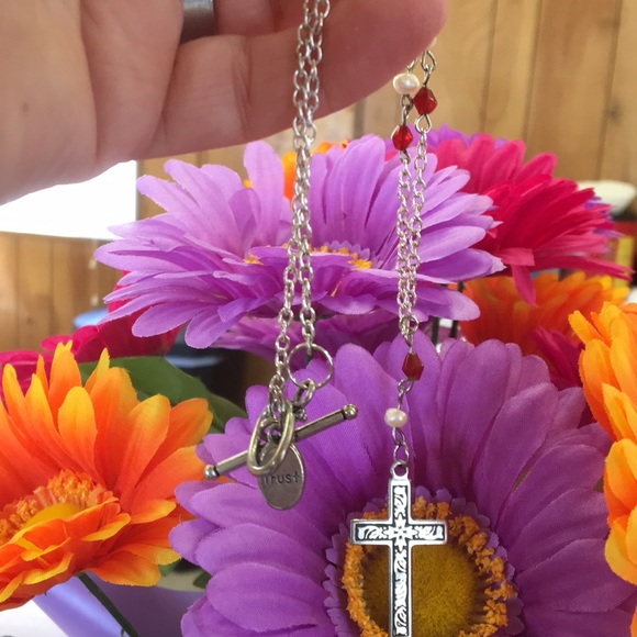 Jewelry Silver Cross Necklace With Red White Beads Poshmark